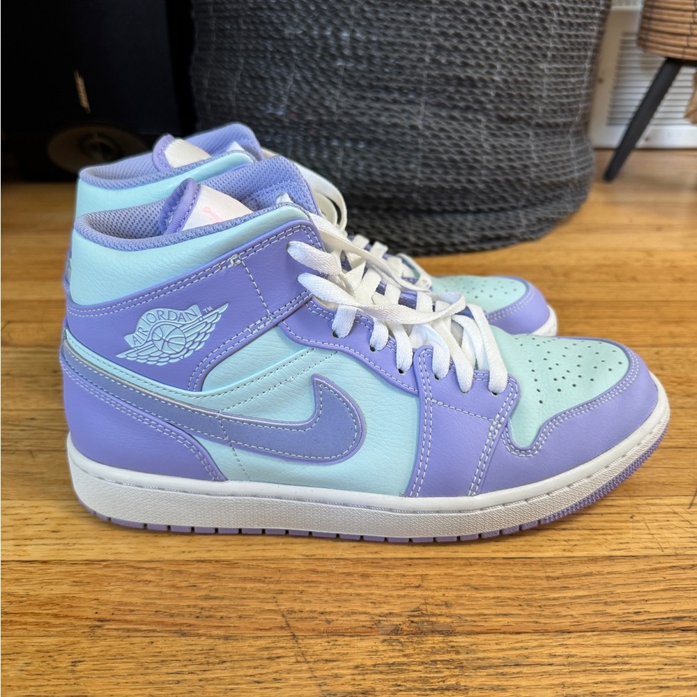 Air Jordan 1 Mid Sneakers in Purple and Aqua